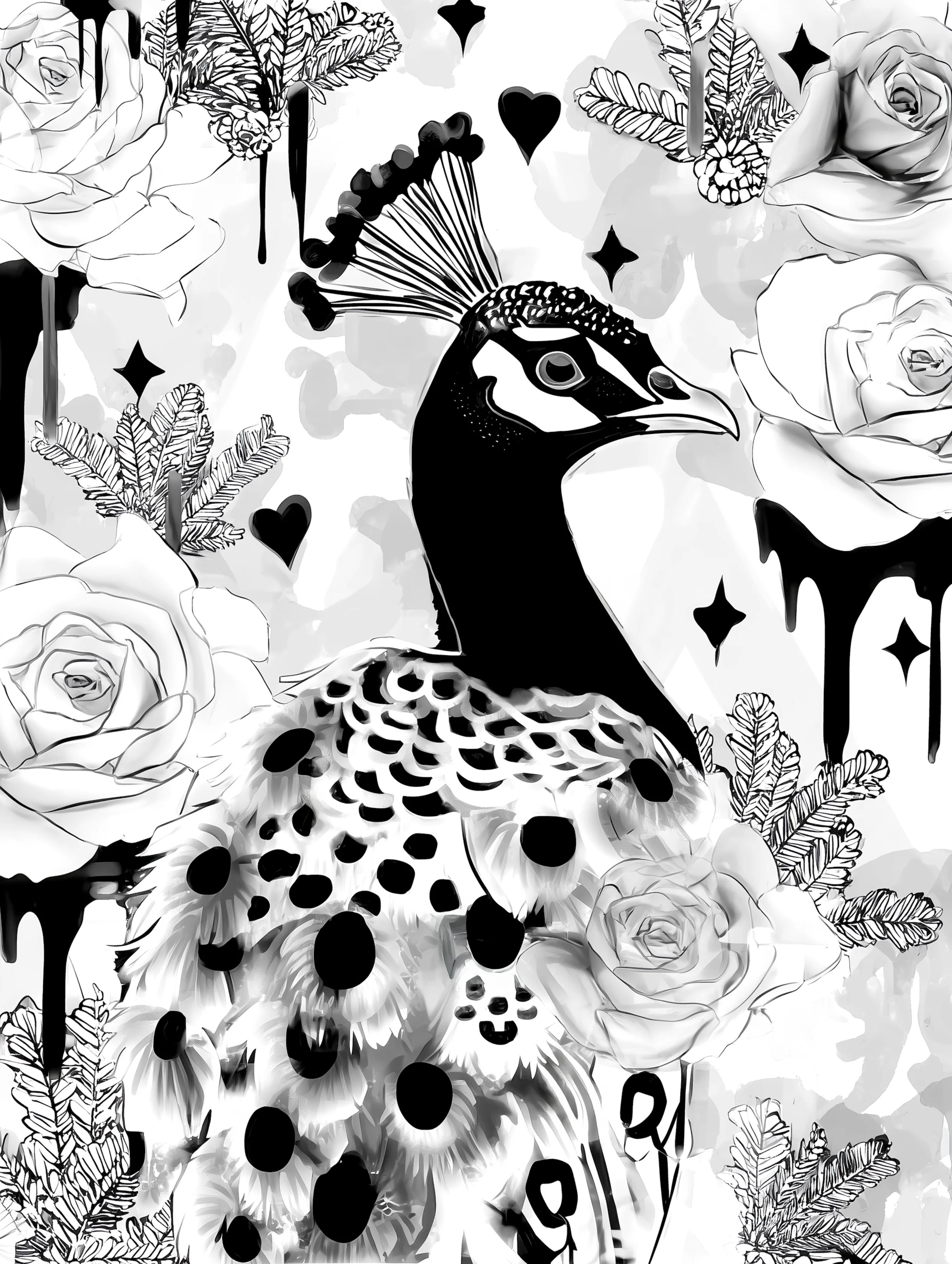 Free printable coloring page of peacock for adults featuring drips around peacock